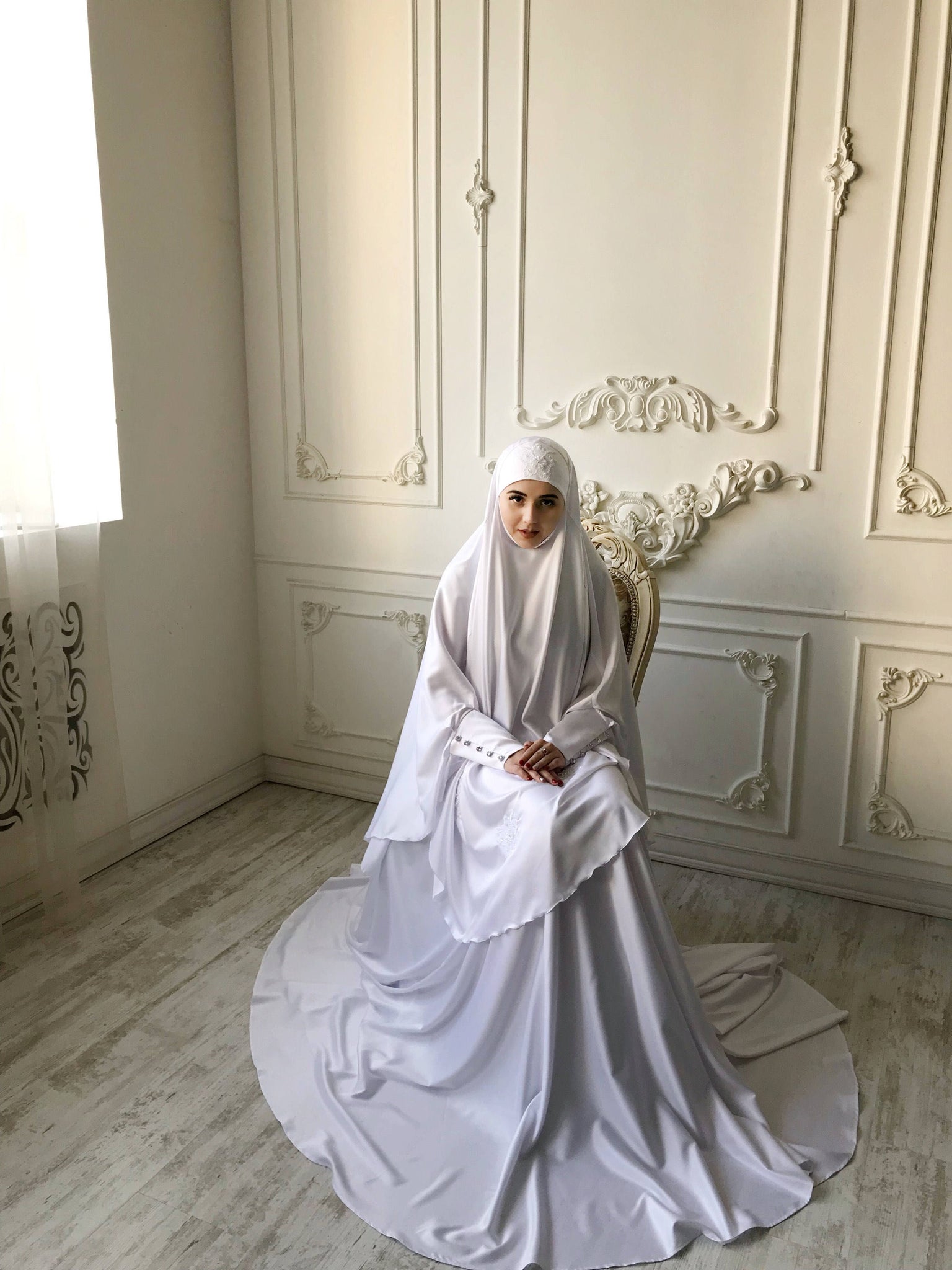 Elegant Muslim bridal white Silk jilbab – ScarfTurbanHijab
