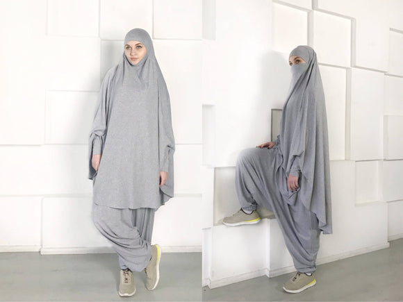 Gray Franch khimar  Muslim sport suit with Harem pants