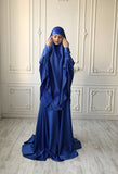 Elegant royal blue silk satin suit with lace