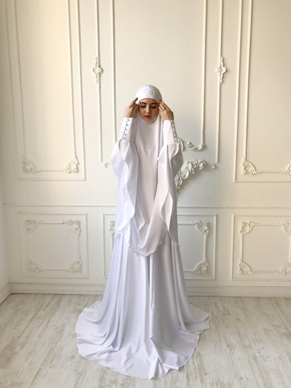 Elegant Muslim bridal white Silk jilbab