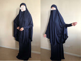 Navy blue Muslim maxi dress and khimar cape with lace decoration