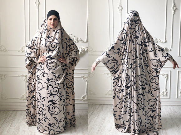 Silk paisley jilbab beige and black