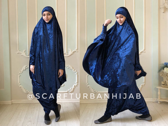 Velvet navy blue Franch khimar suit with Harem pants