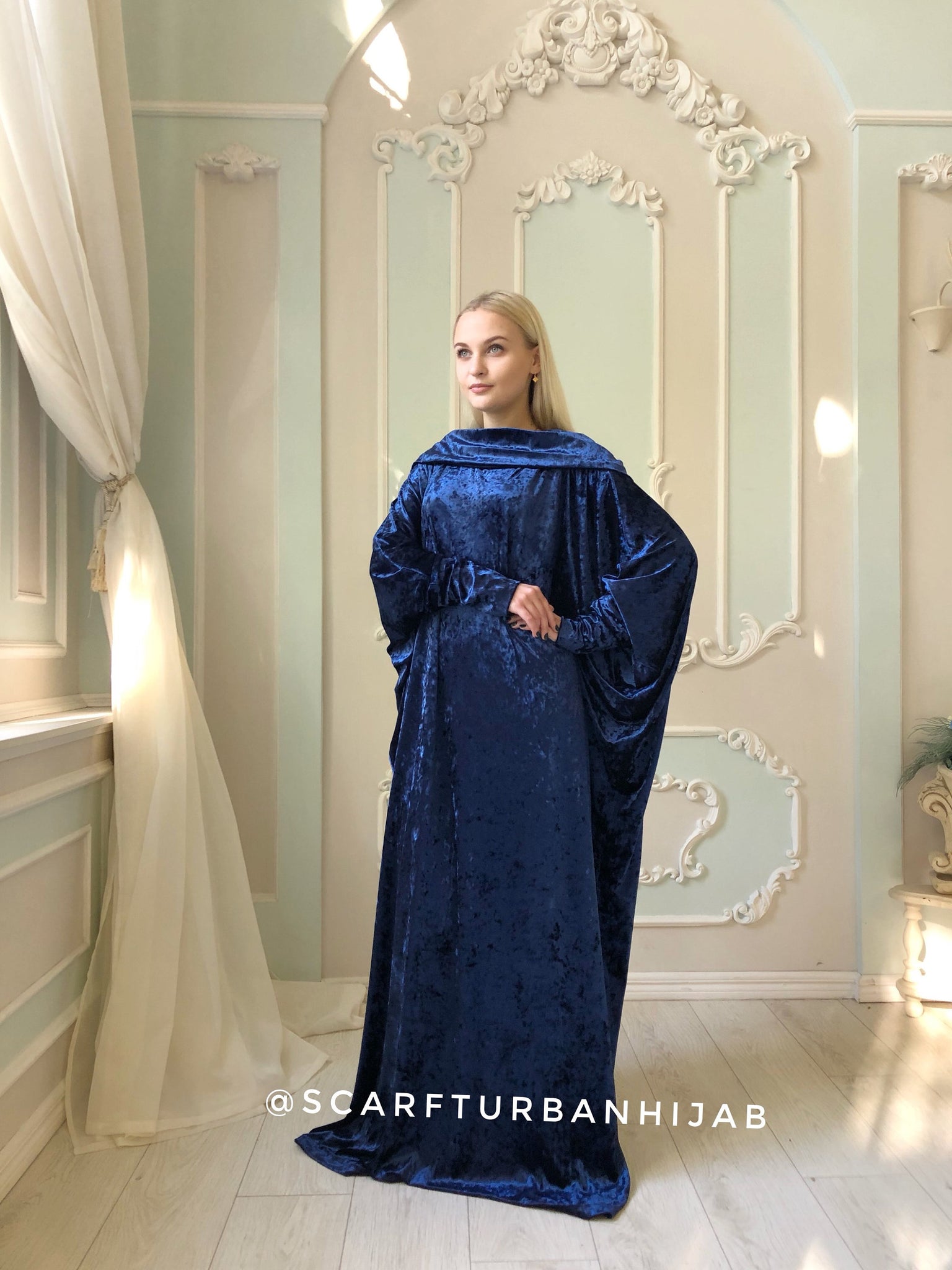 Navy blue velvet fee size maxi dress with hood – ScarfTurbanHijab