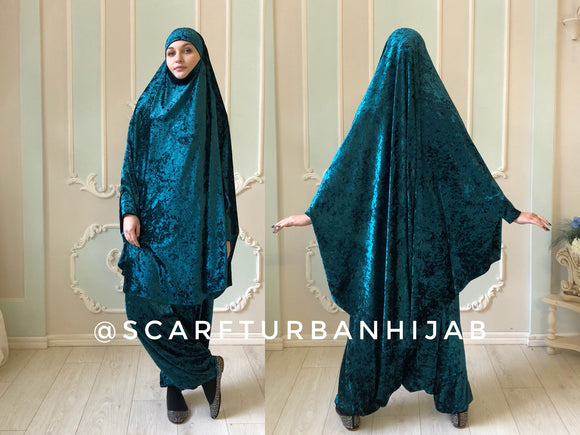 Popular French khimar made by soft velvet emerald color . The Harem pants complete with a long hijab outfit ideal for everyday look , walks and picnics. This burqa does not hinder you movements, lifting the leg or arm you will not be afraid to expose the body, as all the limbs are fixed - band and cuff. For young mothers the good news is that this costume is very easy to breast feed and chasing children on the Playground. And the best part is that this khimar is worn in just 1 minute. Does not require pins.