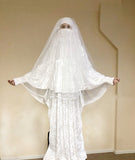 White velvet dress with khimar niqab veil