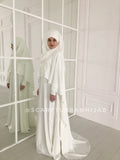 A beautfiful and elegant milky white crape dress set - a simple underdress, hijab and a cape with a train. The dress has high cuffs, decorated with handmade lace and lovely buttons. The hijab is decorated with lace apllique work and has a special hat for creating additional volume. The cape's front is decorated in the same beautiful handmade lace, finishing the image. The fabric is light and ever so slightly transparent, so we recommend to purchase it together with an inner dress.