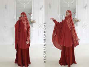 Transformer terracotta khimar with lace print