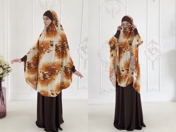 Transformer beige and brown Khimar niqab with print