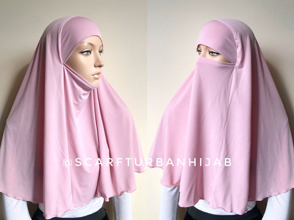 The original model of the traditional hijab, which is a single movement can become a niqab. You just need to lift hijab from his chin and closes face. So beautiful and elegant blue blush pink looks amazing.