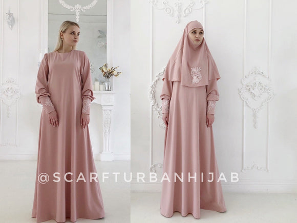 Pink dress with khimar and lace decoration
