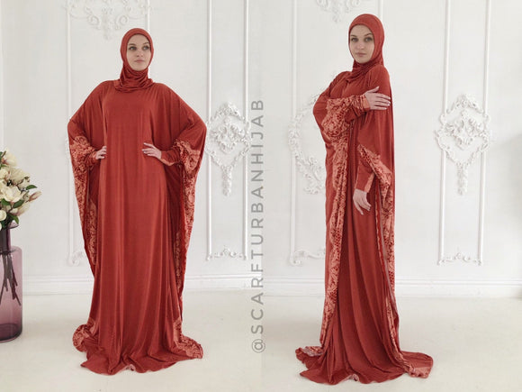 Stylish modesty copper color dress with attached hijab and long cuffs made of soft jersey with polka dots and lace print