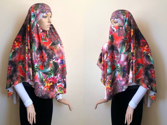 Red floral hijab niqab transformer