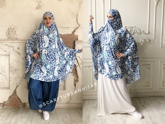 White and blue print khimar Muslim sport suit