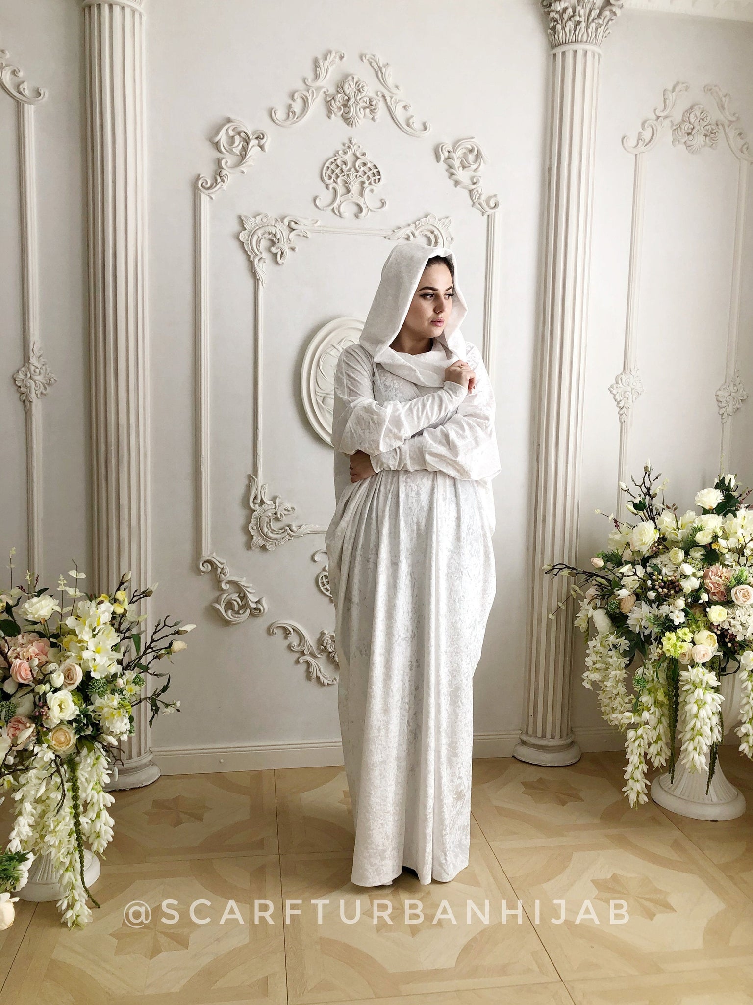White velvet fee size maxi dress with hood ScarfTurbanHijab White velvet fee size maxi dress with hood ScarfTurbanHijab