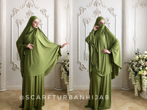 Bright olive Khimar niqab transformer with skirt