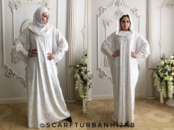 White velvet fee size maxi dress with hoodElegant white color velvet maxi dress with wide hood and high cuffs. This dress is really free size, so it’ll fit to everyone and will be great idea for a gift! You can buy it in set with turban hijab same color or in set with underscarf! This plus size jilbab so comfortable and stylish. The kaftan will convenient to bohemian, Jewish and Muslim ladies!
