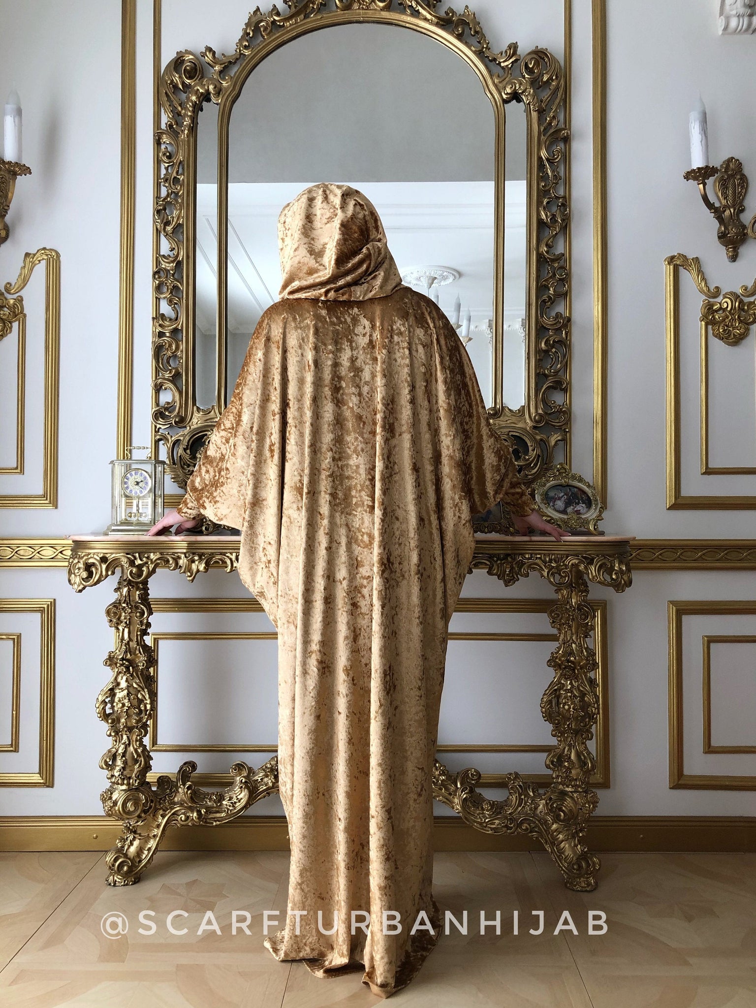 Golden color velvet fee size maxi dress with hood ScarfTurbanHijab Golden color velvet fee size maxi dress with hood ScarfTurbanHijab