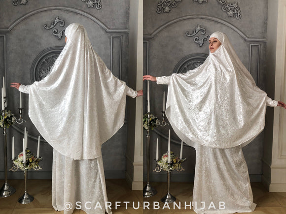 elvet collection for comfortable and stylish autumn and winter season! The original model of the traditional hijab - khimar with long cuffs . Incredible white color looks innocent and gorgeous and also suitable for wedding, nikkah, hajj!