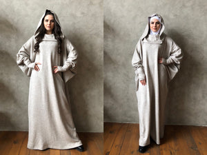 Oversize muslim dress, wool maxi dressesBeige melange wool fee size maxi dress with hood