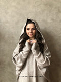 Beige melange wool fee size maxi dress with hood