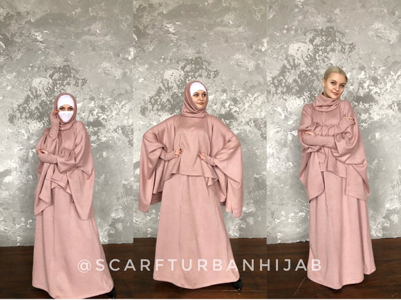 Blush pink wool suit, winter Jilbab suit with skirt