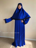 Royal blue silk elegant dress, lace abaya, stylish hijab, modesty clothing