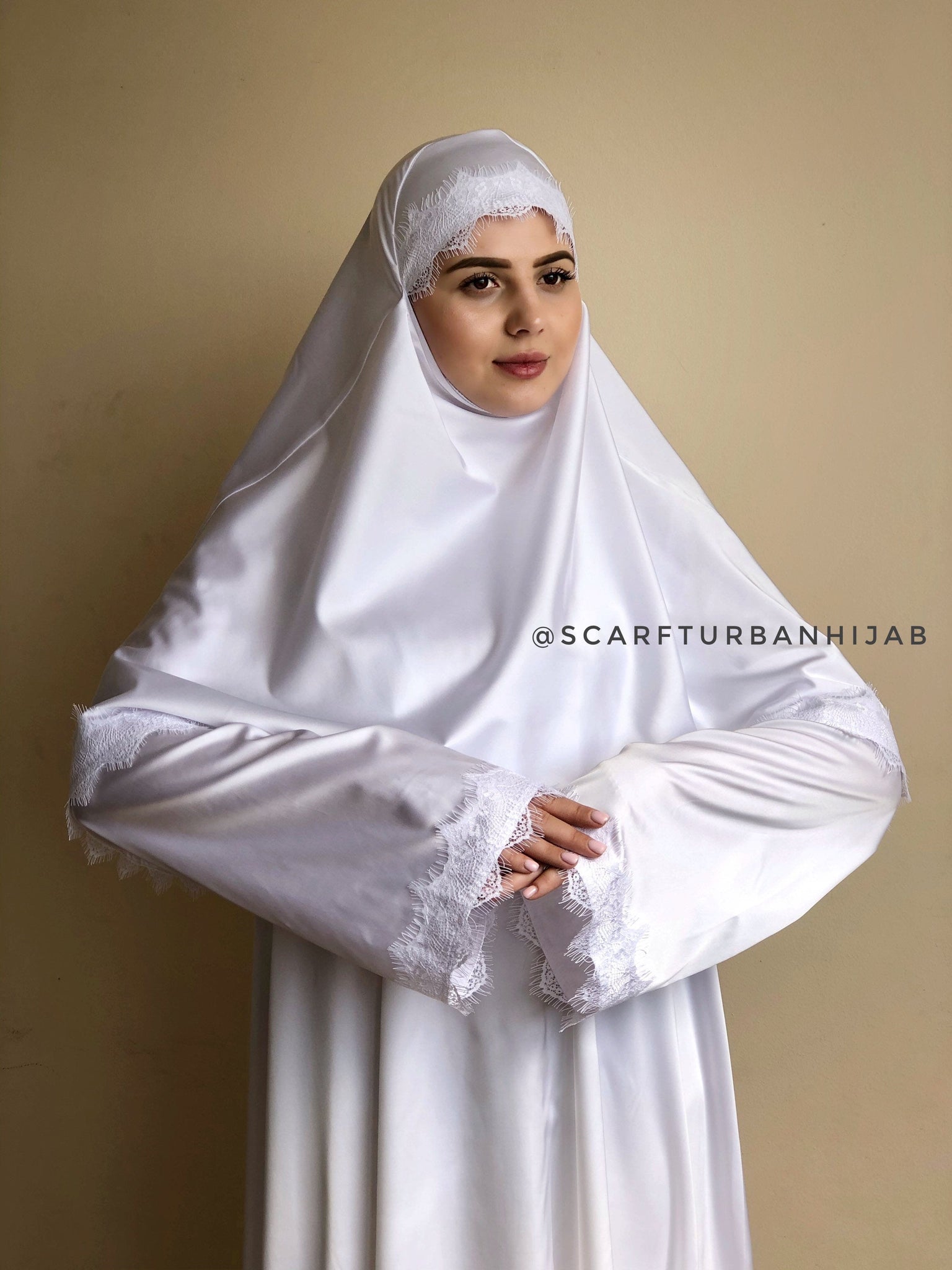 Elegant white wedding silk dress and hijab with white lace – ScarfTurbanHijab Elegant white wedding silk dress and hijab with white lace – ScarfTurbanHijab