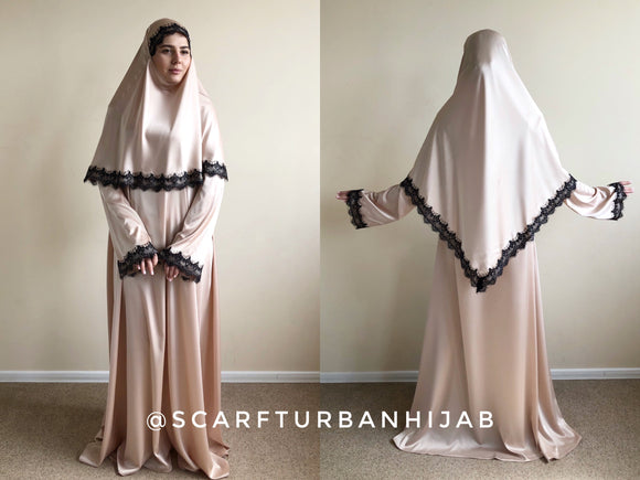 Beige silk elegant dress, lace abaya, stylish hijab, modesty clothing