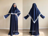 Navy blue silk  dress and hijab with white lace 