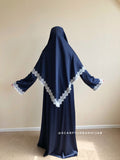 Navy blue silk dress and hijab with white lace