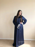 Navy blue silk dress and hijab with white lace