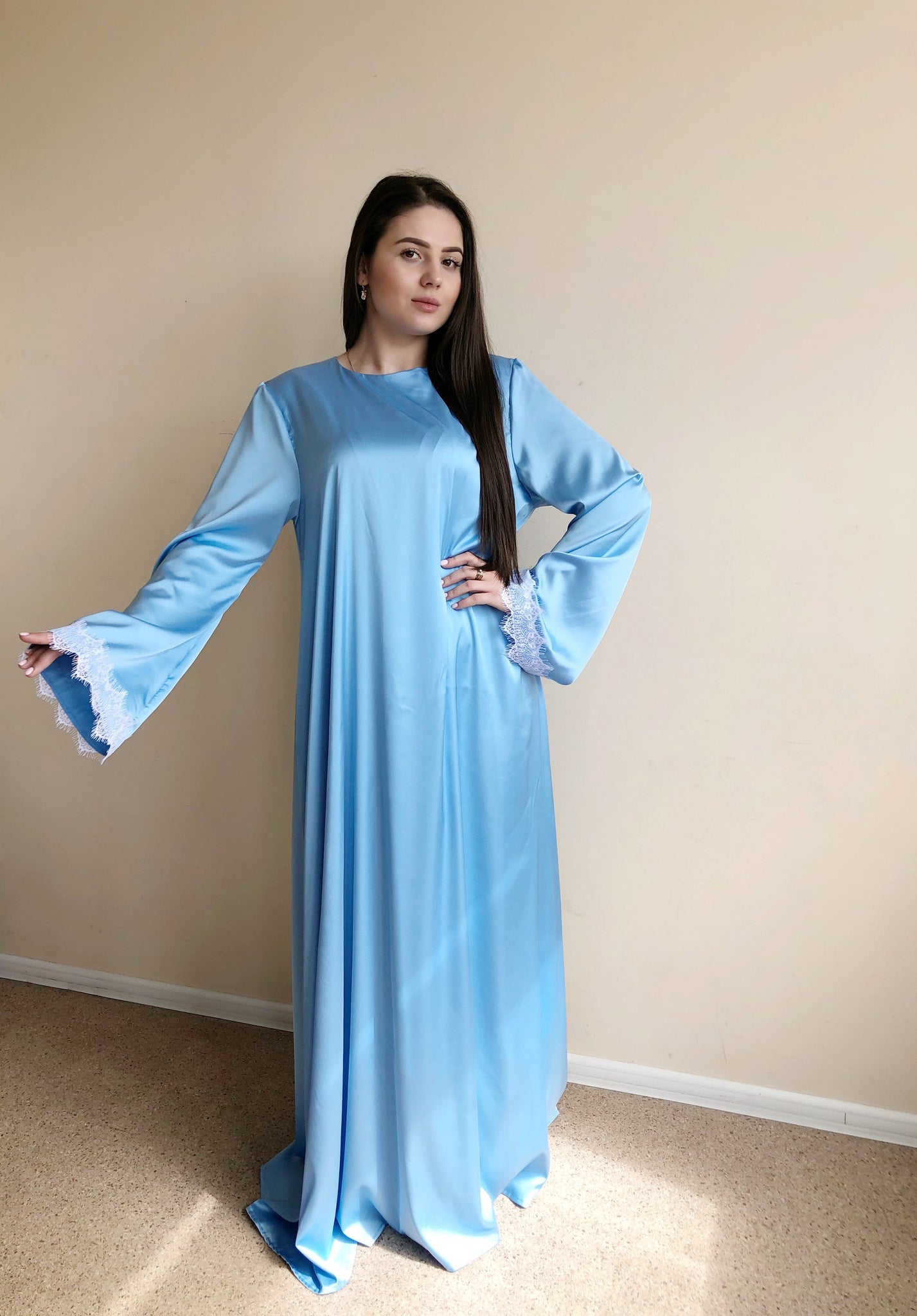 Sky blue silk elegant dress and hijab with white lace – ScarfTurbanHijab