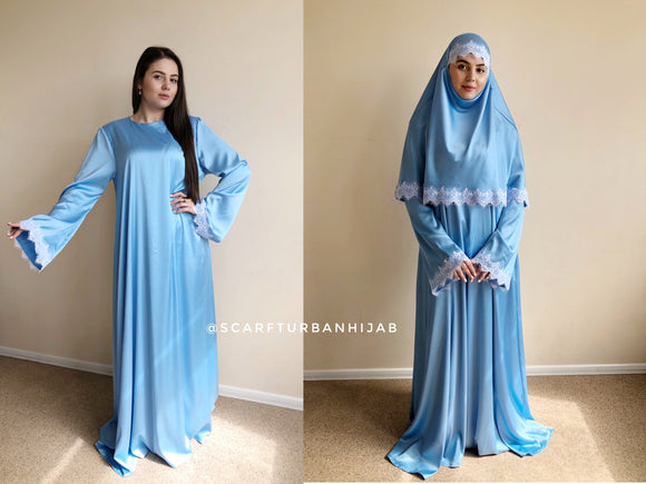 Sky blue silk elegant dress and hijab  with white lace