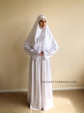 Elegant white wedding silk dress and hijab  with white lace