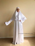 Elegant white wedding silk dress and hijab  with white lace