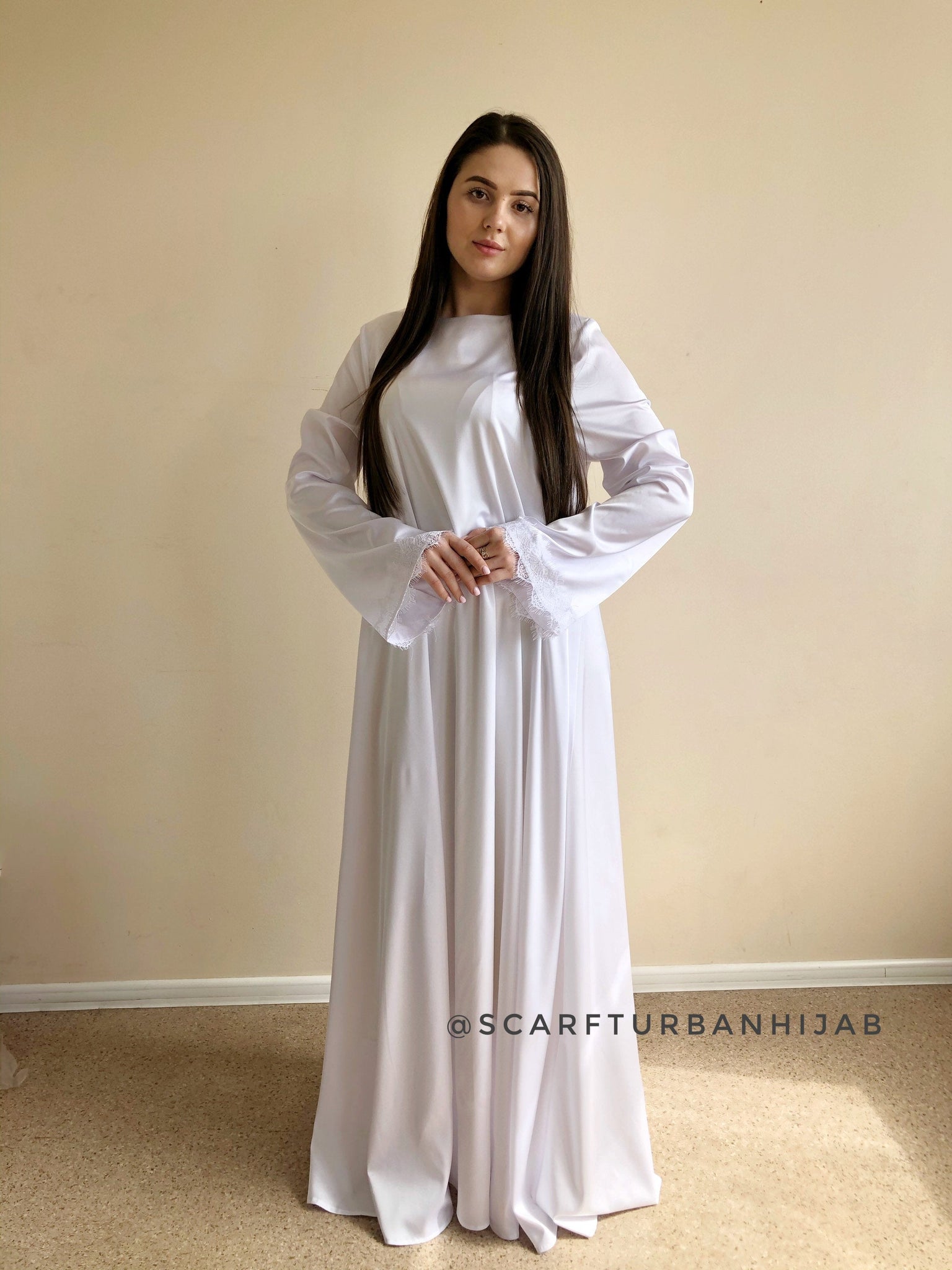 Elegant white wedding silk dress and hijab with white lace – ScarfTurbanHijab Elegant white wedding silk dress and hijab with white lace – ScarfTurbanHijab