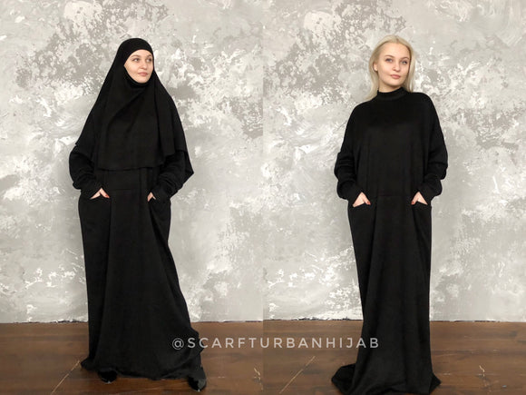 Black wool fee size maxi dress with hood, Wiccan mantle dress, plus size evening clothing, wedding elegant dress, Muslim abaya