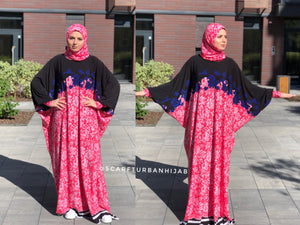 Pink and black Muslim prayer dress, islamic clothing, dress with scarf hijab, ready to wear hijab, abaya, jelabia, maxi dress plus size