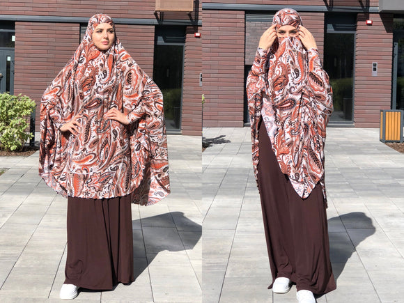 Brown paisley Transformer  Khimar, long jilbab hijab, nikab, islamic wear, ready to wear hijab, prayer scarf, muuslim burqa, namaz