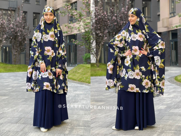 Elegant dark blue Long floral soft viscose khimar