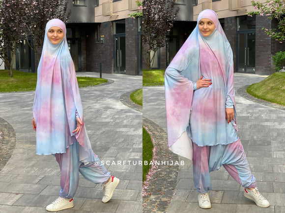 Popular French khimar in sporty style made by lovely colorful print jersey designed by me . The Harem pants complete with a long hijab outfit ideal for sports, walks and picnics. 