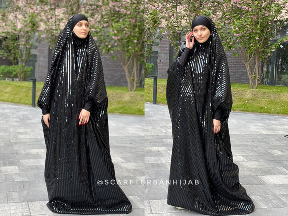 Black stripe latex jilbab dress unusual khimar