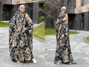 Floral black beige jilbab dress with roses print