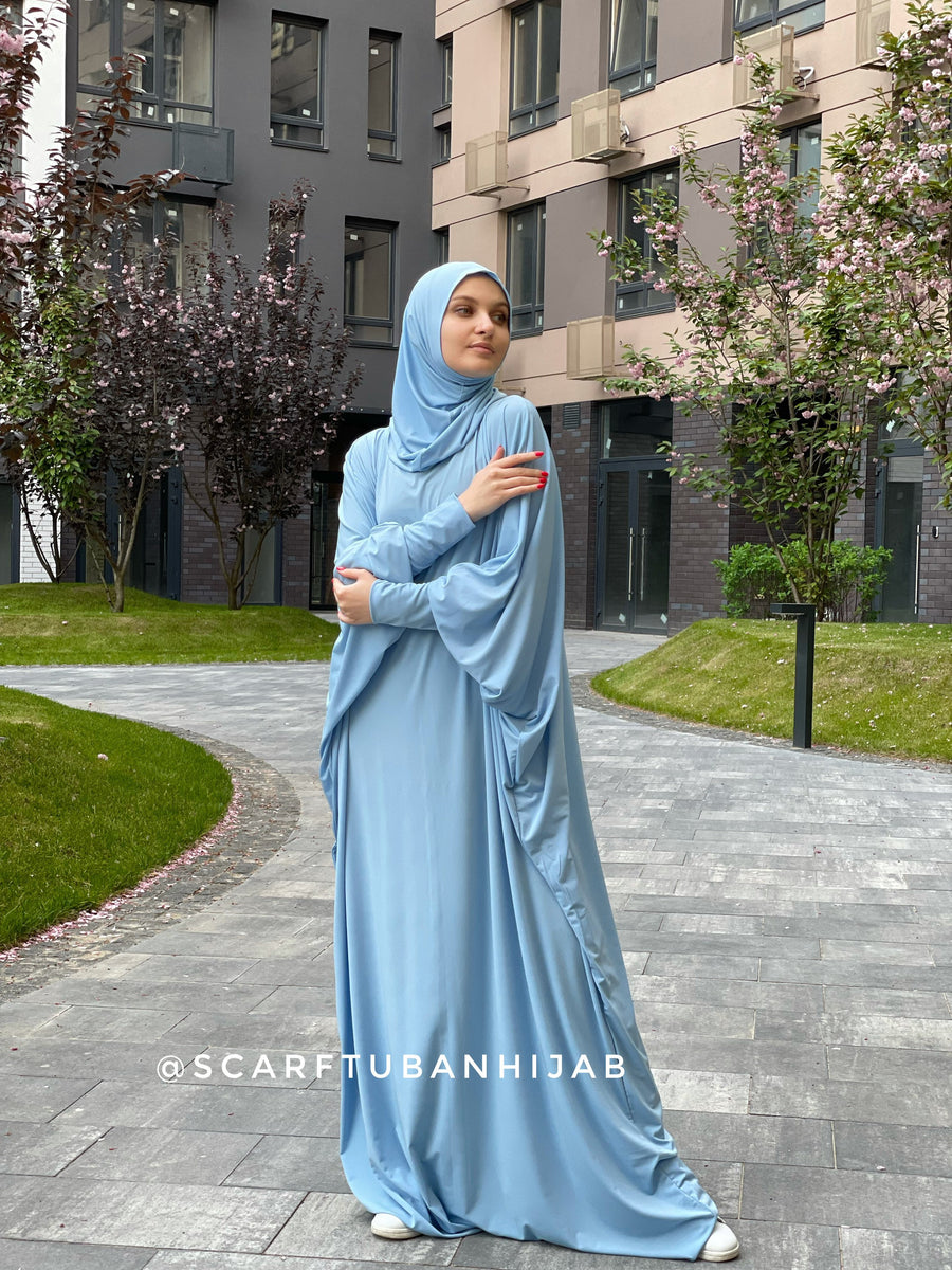 Sky Blue Free Size Dress With Hijab Scarfturbanhijab 3416