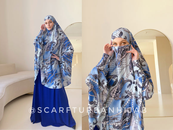 Blue Paisley and Pearl Print Elongated jilbab , elegant khimar