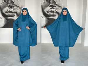 Turquoise suede khimar suit with skirt