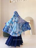 Unique Gemstone Print Silk khimar with Flared Silhouette, blue jilbab