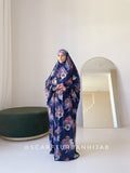 Long Dark Blue Floral Print Jersey khimar- One Size Fits All