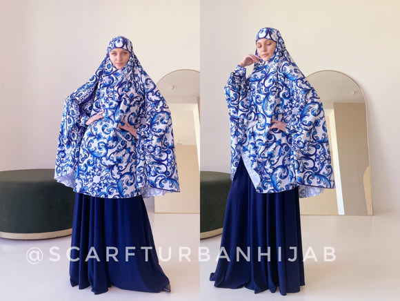 Blue Italian Print khimar with Cuffs - Elegant and Feminine Modest jilbab